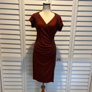 Carmen Marc Valvo NWT V-Neck with gold studs and Leather trim Midi Dress.